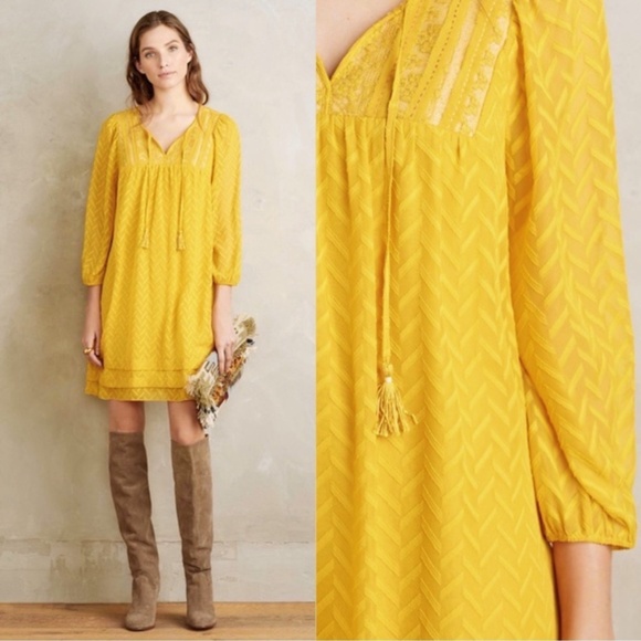 One September Anthropologie Anwen Peasant Dress mini  Maize gold yellow - Picture 1 of 10